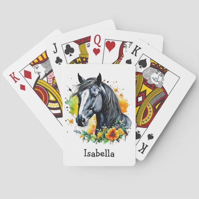 Black Horse Surrounded by Flowers Personalized  Poker Cards (Back)