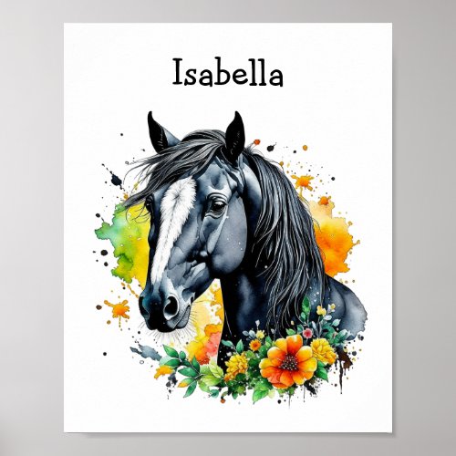 Black Horse Surrounded by Flowers Personalized  Poster