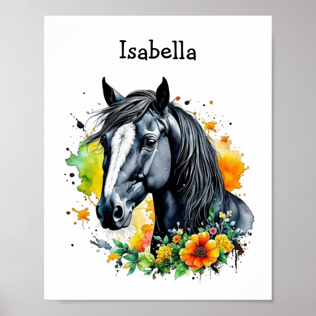 Black Horse Surrounded by Flowers Personalized  Poster (Front)