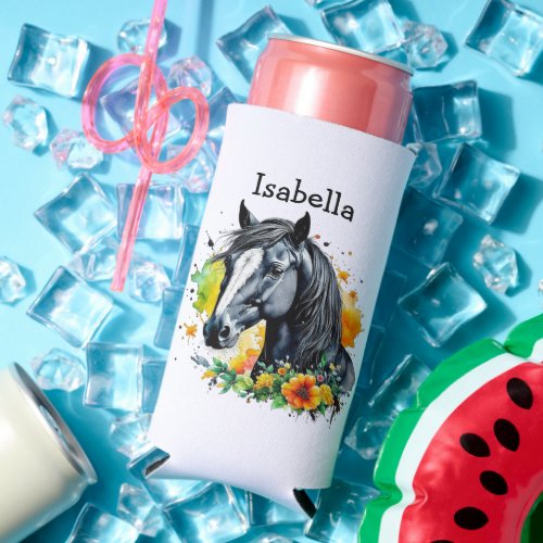 Black Horse Surrounded by Flowers Personalized  Seltzer Can Cooler