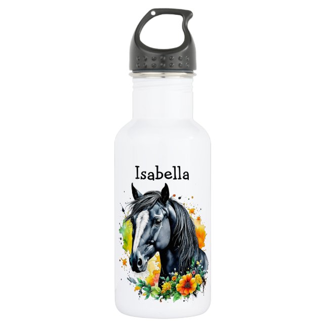 Black Horse Surrounded by Flowers Personalized  Stainless Steel Water Bottle (Front)