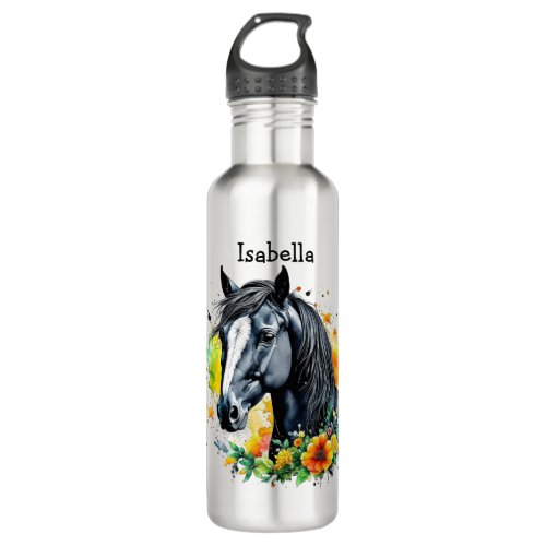 Black Horse Surrounded by Flowers Personalized  Stainless Steel Water Bottle