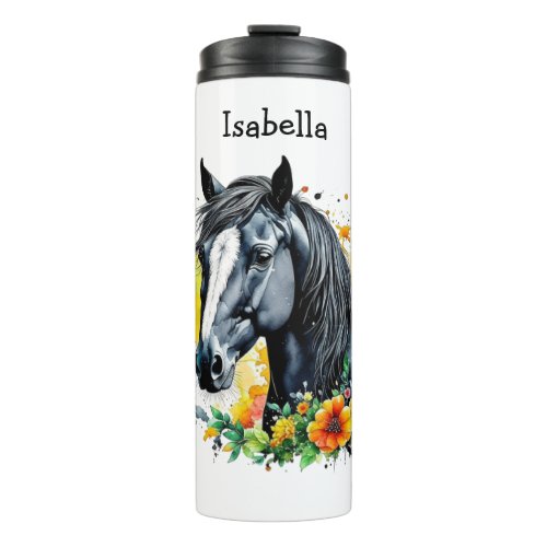 Black Horse Surrounded by Flowers Personalized  Thermal Tumbler