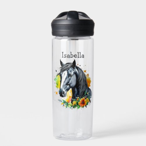 Black Horse Surrounded by Flowers Personalized  Water Bottle