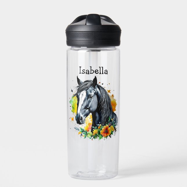 Black Horse Surrounded by Flowers Personalized  Water Bottle (Front)