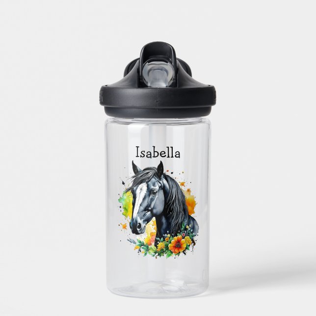 Black Horse Surrounded by Flowers Personalized  Water Bottle (Front)