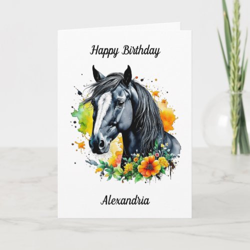 Black Horse Surrounded by Yellow Flowers Birthday Card
