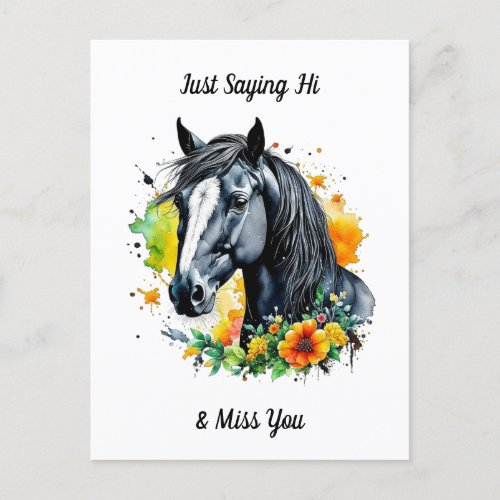 Black Horse Surrounded by Yellow Flowers Hi Postcard