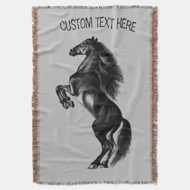 Black Horse Throw Blanket with Custom Text (Front Vertical)