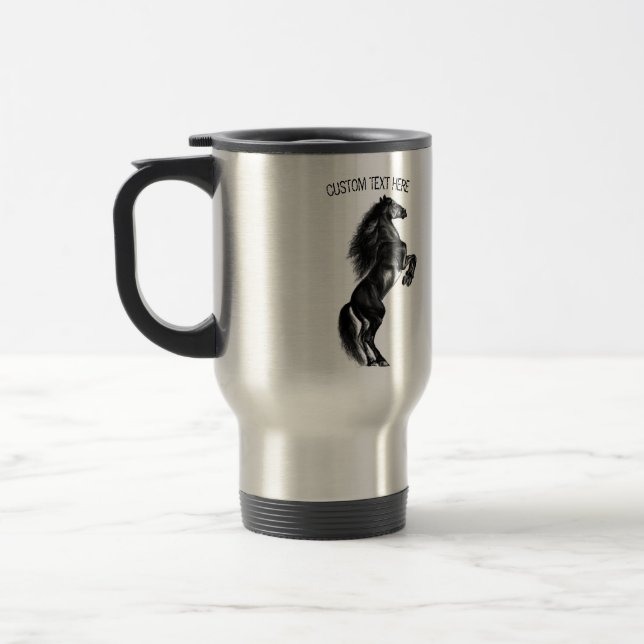 Black Horse Travel Mug with Custom Text (Left)