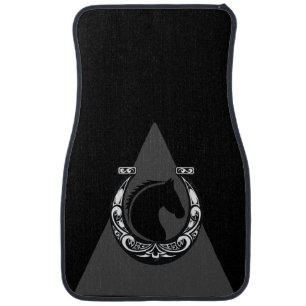 Black Horse w/Ornate Horseshoe on Grey/Black Car Floor Mat