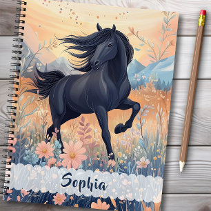 Black Horse Wildflower Girls Floral Blue Pink Kids Notebook