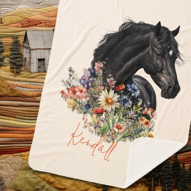 Black Horse Wildflowers Personalized Sherpa Blanket (Creator Uploaded)