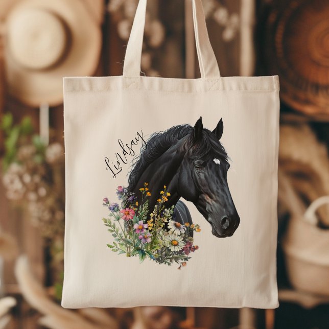 Black Horse Wildflowers w Name Personalization Tote Bag (Creator Uploaded)