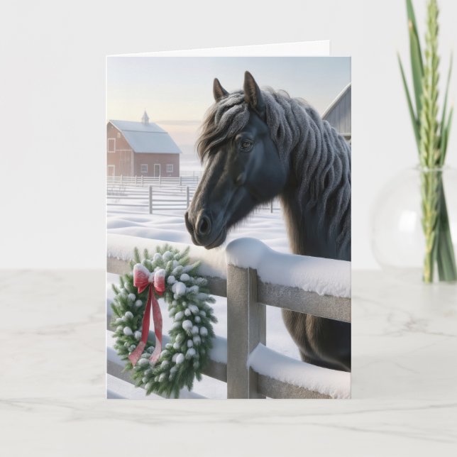 Black Horse With a Snowy Christmas Wreath Holiday Card (Front)