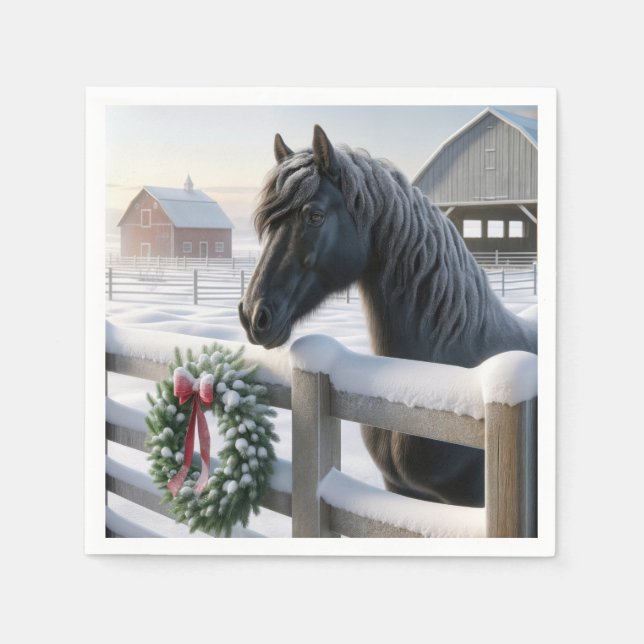 Black Horse With a Snowy Christmas Wreath Napkins (Front)