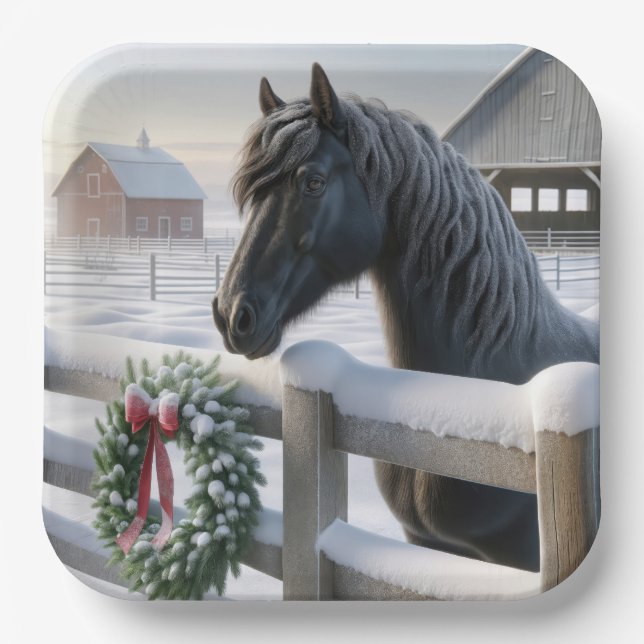 Black Horse With a Snowy Christmas Wreath Paper Plates (Front)