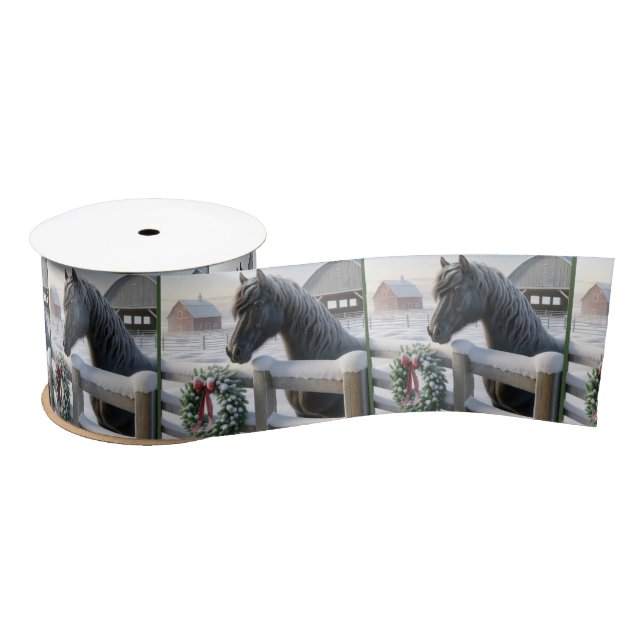 Black Horse With a Snowy Christmas Wreath Satin Ribbon (Spool)