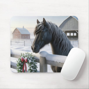 Black Horse With Christmas Wreath Mouse Pad