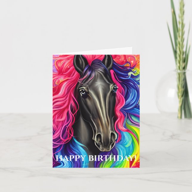 Black Horse with Colorful Mane Birthday Holiday Card (Front)