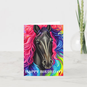 Black Horse with Colorful Mane Birthday Holiday Card