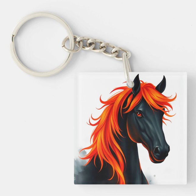 Black Horse With Fiery Red Mane Keychain (Front)