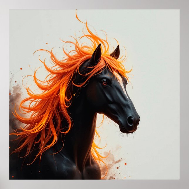 Black Horse with Flowing Fiery Orange Mane Poster (Front)