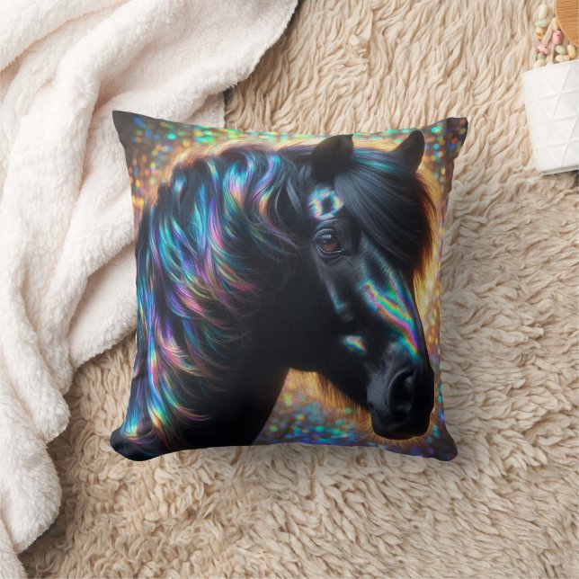 Black Horse with Iridescent Mane Throw Pillow (Blanket)