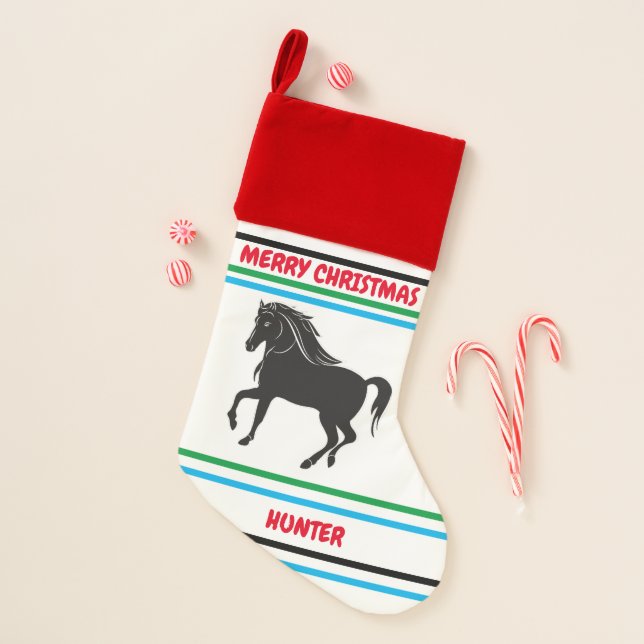BLACK HORSE WITH PERSONALIZED NAME! CHRISTMAS STOC CHRISTMAS STOCKING (Front)
