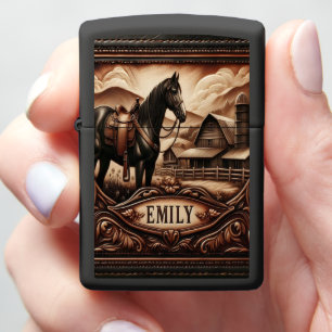 Black Horse With Saddle in Farm Setting Zippo Lighter