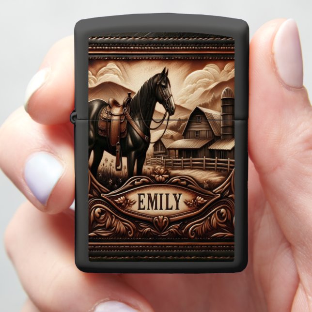 Black Horse With Saddle in Farm Setting Zippo Lighter (In Hand)