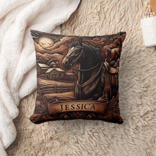 Black Horse With Saddle Near Barn at Rodeo Throw Pillow (Blanket)