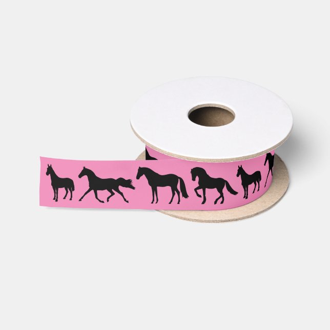 Black Horses Horse Rider Pink Birthday Cake Satin Ribbon (Spool)