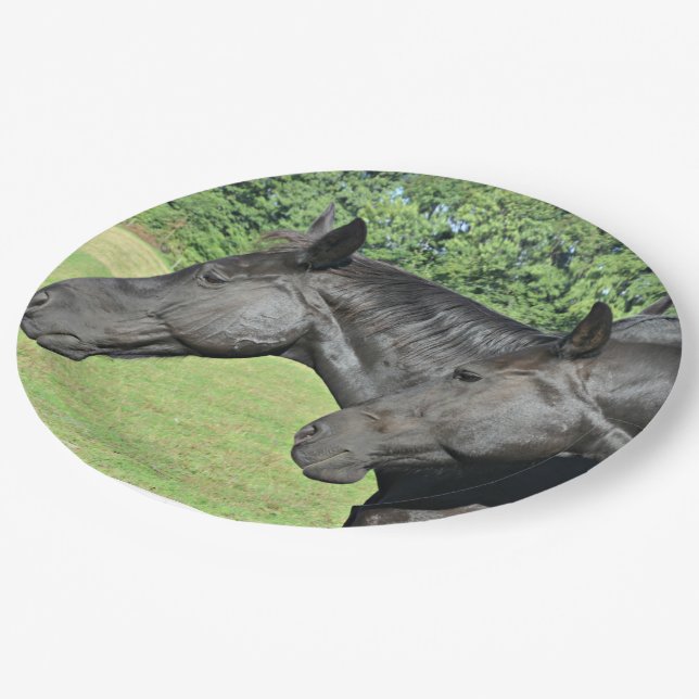 Black Horses in Sunlit Field Paper Plates (Angled)