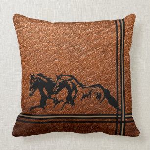 Black Horses on a Rich Brown Faux Leather on a Throw Pillow