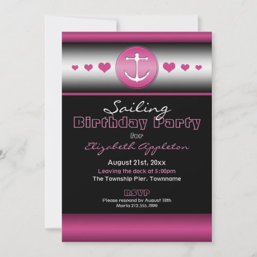 Black &amp; Hot Fuchsia Nautical Birthday Party Personalized Announcements