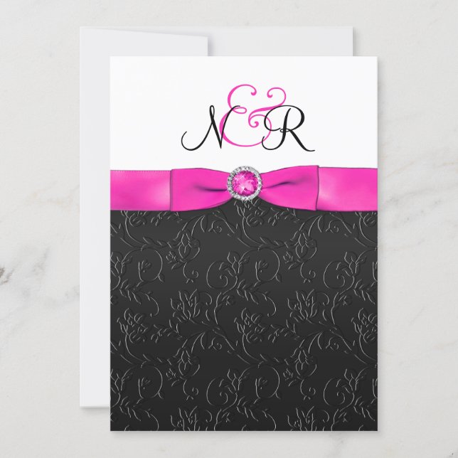 Black, Hot-Pink and White Monogrammed Invitation (Front)