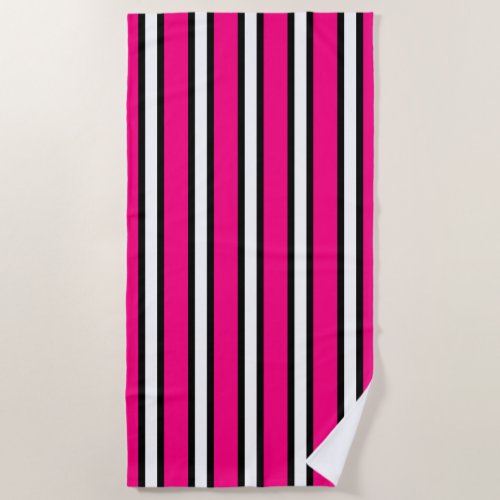 Black Hot Pink And White Vertical Stripes Beach Towel