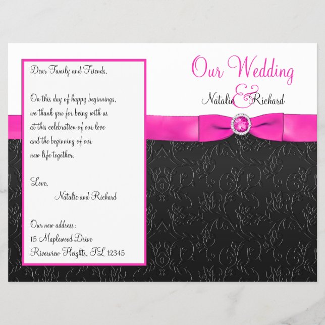 Black, Hot Pink, and White Wedding Program (Front)