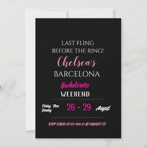 Black Hot Pink Bachelorette Party Itinerary Detail Invitation