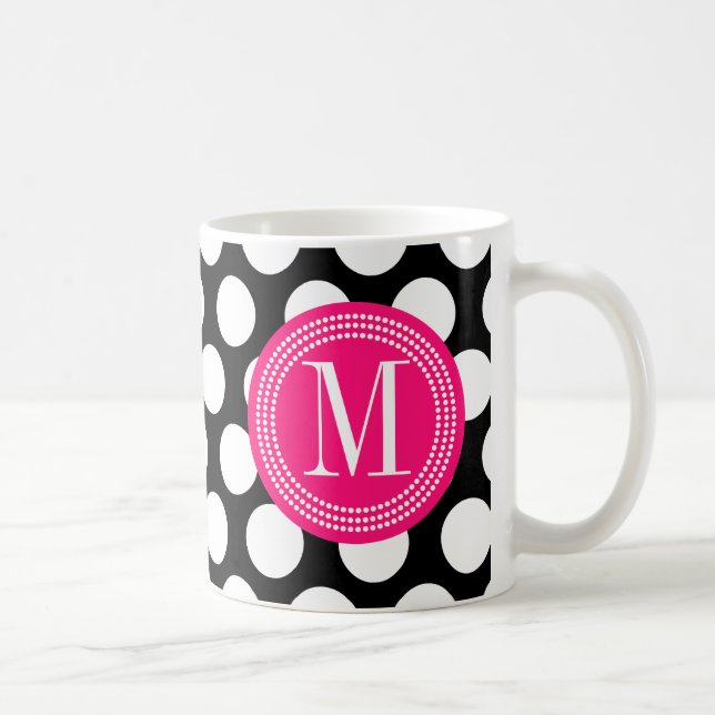 Black & Hot Pink | Big Polka Dots Monogrammed Coffee Mug (Right)