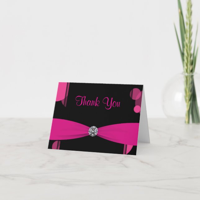 Black Hot Pink Bubbles Hot Pink Thank You Cards (Front)