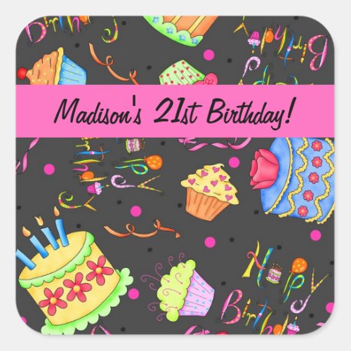 Black Hot Pink Cake 21st Birthday Celebration Square Sticker