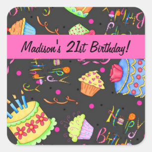 Black Hot Pink Cake 21st Birthday Celebration Square Sticker