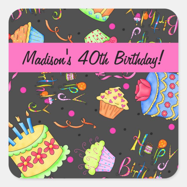 Black Hot Pink Cake 40th Birthday Celebration Square Sticker (Front)