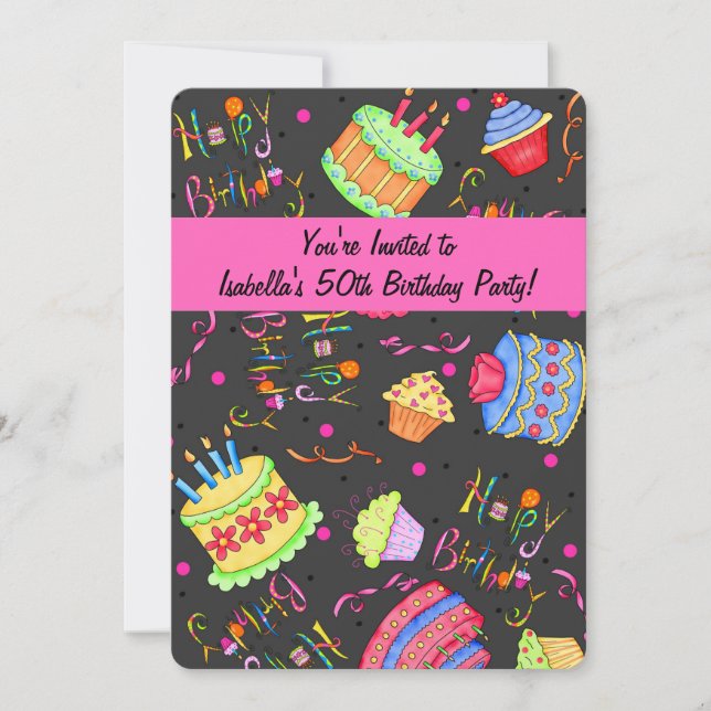 Black Hot Pink Cake 50th Birthday Invitation (Front)