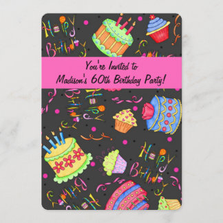 Black Hot Pink Cake 60th Birthday Invitation
