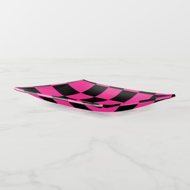 Black & Hot Pink Checkered Trinket Tray (Angled)