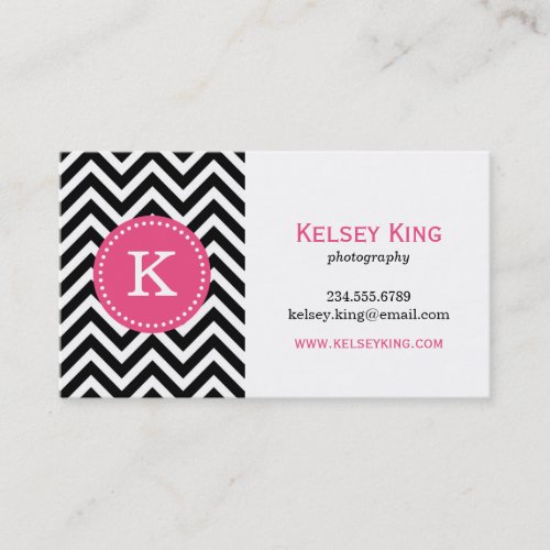 Black &amp; Hot Pink Chevron Custom Monogram Business Card Template