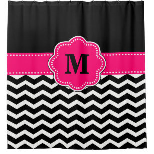 Black And Pink Shower Curtains Zazzle Black Hot Pink Chevron Monogram Shower Curtain